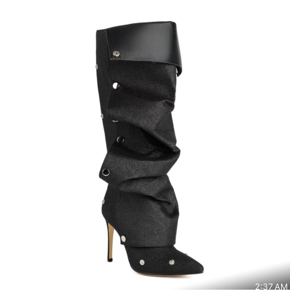 Black Stiletto Heeled Boots with Ruched Design
